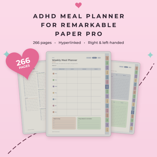 ADHD Meal Planner for reMarkable Paper Pro | Hyperlinked Color E-Ink Meal Planner & Grocery List, 3 Themes