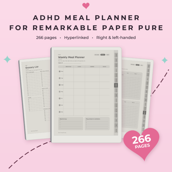 ADHD Meal Planner for reMarkable Paper Pure | Hyperlinked E-Ink Meal Planner, Left & Right Handed