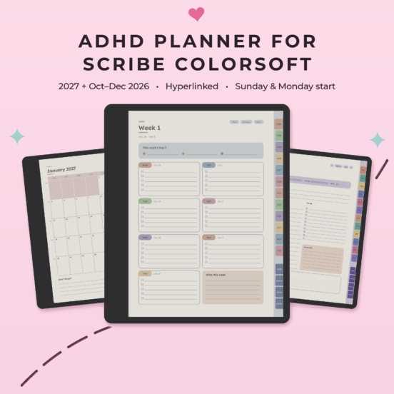 ADHD Planner 2027 for Kindle Scribe Colorsoft | Hyperlinked Color E-Ink Planner, 3 Themes