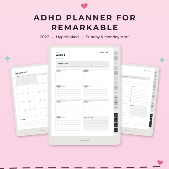 ADHD Planner 2027 for reMarkable 2 & Paper Pro | Hyperlinked E-Ink Planner, Left & Right Handed
