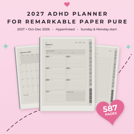 ADHD Planner 2027 for reMarkable Paper Pure | Hyperlinked E-Ink Planner, Left & Right Handed
