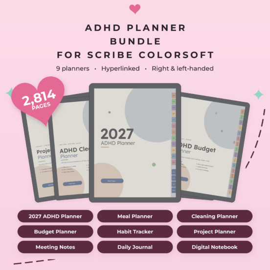 ADHD Planner Bundle for Kindle Scribe Colorsoft | 9 Hyperlinked Color E-Ink Planners, 3 Themes, Left & Right Handed