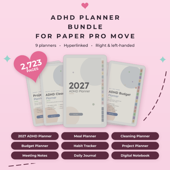ADHD Planner Bundle for reMarkable Paper Pro Move | 9 Hyperlinked Color E-Ink Planners, 3 Themes, Left & Right Handed