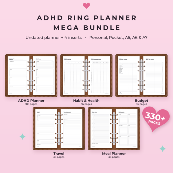 ADHD Ring Planner Mega Bundle | Undated Filofax Inserts in A5, A6, Personal, Pocket & A7 with Habit, Budget, Travel & Meal Planner