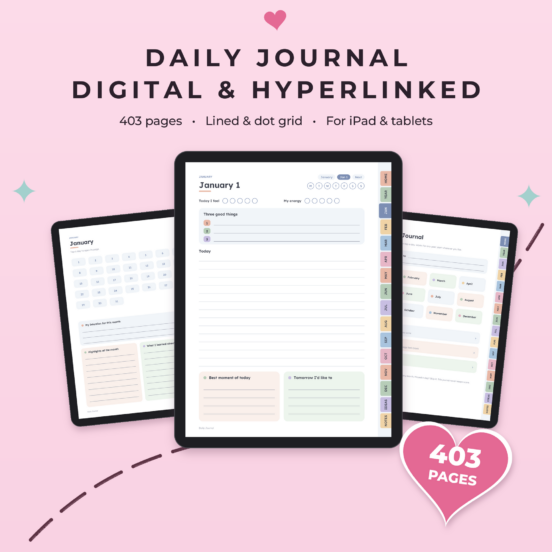 Digital Daily Journal for iPad | Hyperlinked GoodNotes Journal, 366 Daily Pages, Lined & Dot Grid