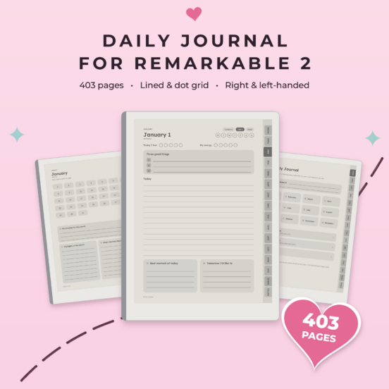 Daily Journal for reMarkable 2 | Hyperlinked E-Ink Journal, 366 Daily Pages, Lined & Dot Grid