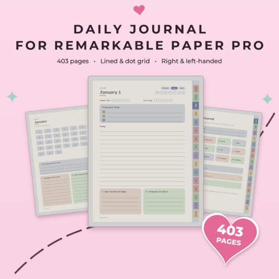 Daily Journal for reMarkable Paper Pro | Hyperlinked Color E-Ink Journal, 366 Daily Pages, 3 Themes