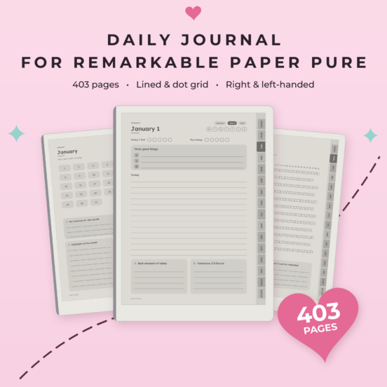 Daily Journal for reMarkable Paper Pure | Hyperlinked E-Ink Journal, 366 Daily Pages, Lined & Dot Grid