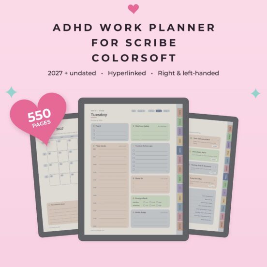 ADHD Work Planner 2027 + Undated for Kindle Scribe Colorsoft | Hyperlinked E-Ink Work Planner with Meeting Notes & Projects, Left & Right Handed