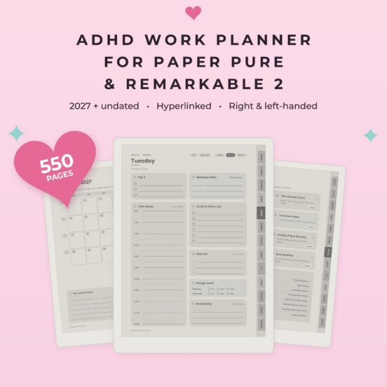 ADHD Work Planner 2027 + Undated for reMarkable Paper Pure & reMarkable 2 | Hyperlinked E-Ink Work Planner with Meeting Notes & Projects, Left & Right Handed