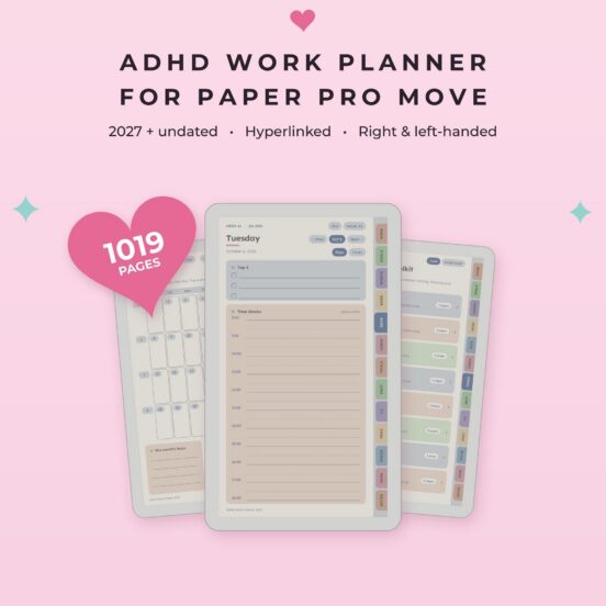 ADHD Work Planner 2027 + Undated for reMarkable Paper Pro Move | Hyperlinked E-Ink Work Planner with Meeting Notes & Projects, Left & Right Handed