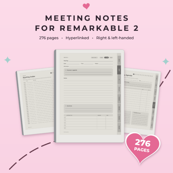 Meeting Notes for reMarkable 2 | Hyperlinked E-Ink Meeting Notebook, Left & Right Handed