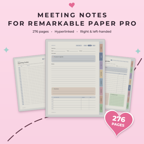 Meeting Notes for reMarkable Paper Pro | Hyperlinked Color E-Ink Meeting Notebook, 3 Themes