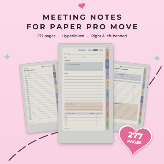 Meeting Notes for reMarkable Paper Pro Move | Hyperlinked Color E-Ink Meeting Notebook, 3 Themes
