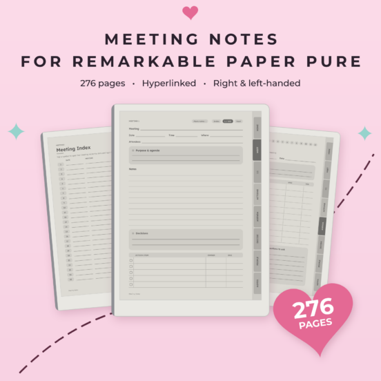 Meeting Notes for reMarkable Paper Pure | Hyperlinked E-Ink Meeting Notebook, Left & Right Handed