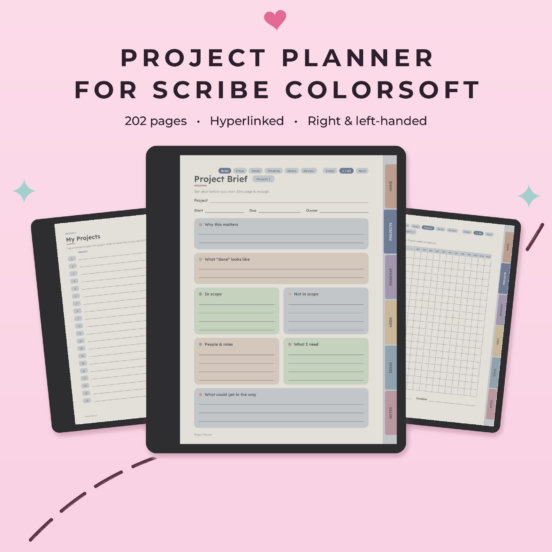 Project Planner for Kindle Scribe Colorsoft | Hyperlinked Color E-Ink Project Tracker, 3 Themes