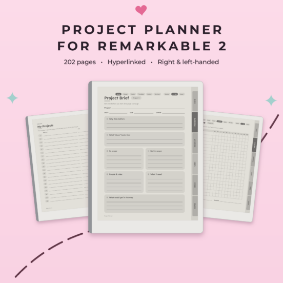 Project Planner for reMarkable 2 | Hyperlinked E-Ink Project Tracker, Left & Right Handed