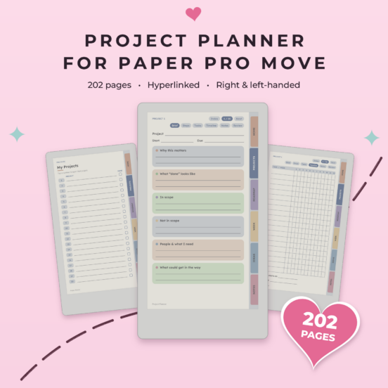 Project Planner for reMarkable Paper Pro Move | Hyperlinked Color E-Ink Project Tracker, 3 Themes