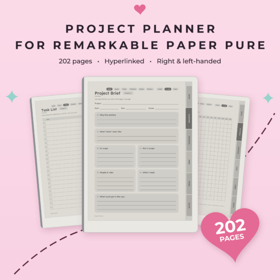 Project Planner for reMarkable Paper Pure | Hyperlinked E-Ink Project Tracker, Left & Right Handed